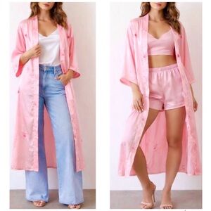 Vintage Silk Blend Satin Kimono Topper Robe Embroidered Paster Pink Size Medium